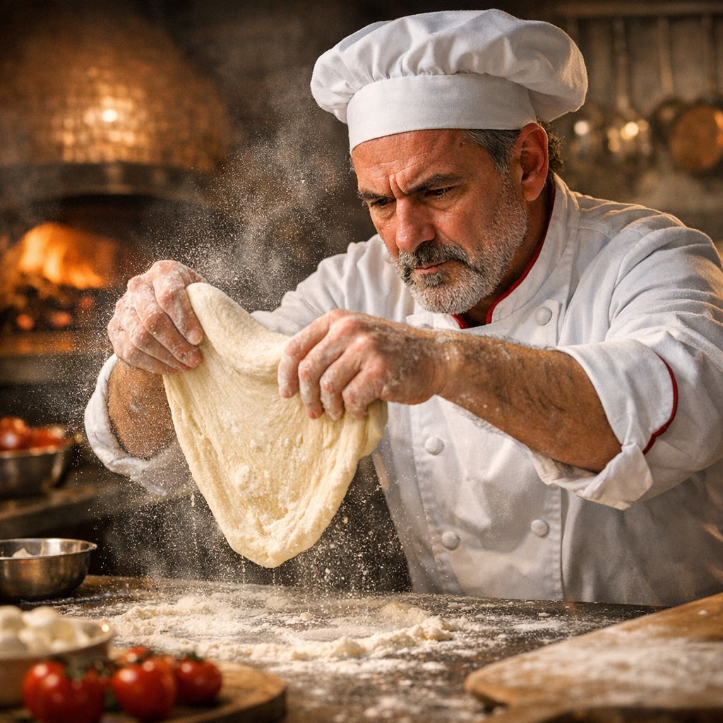 Chef preparing fresh pizza dough